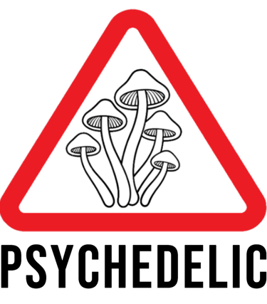 Red and white triangular warning sign featuring a black line art illustration of wild mushrooms.