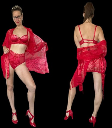 Pleasurelit Patricia wearing lovehoney red lingerie