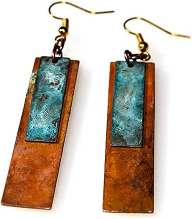 Raw Material Earth Patina Bohemian Chic Rectangle Earrings by  Elaine Coyne