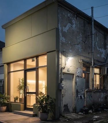 Modern commercial building with a clean, well-maintained front facade and a neglected, deteriorating rear exterior