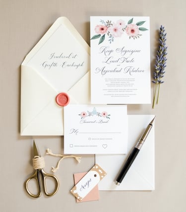 Ensemble papeterie mariage avec calligraphie élégante et cachet de cire