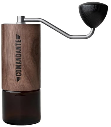 Comandante C40 MK4 Nitro Blade manual coffee grinder with wood finish and glass jar.