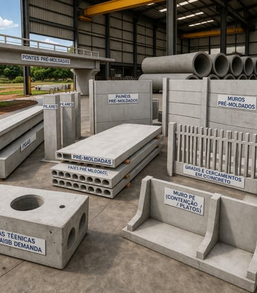 Estruturas pré-moldadas de concreto como vigas, pilares, painéis, muros e peças técnicas organizadas