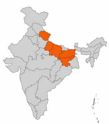 Map of India with northern and eastern states highlighted in orange to show regional geographic locations.