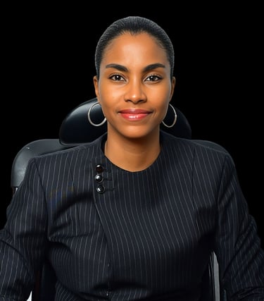 Professional portrait of a confident Black businesswoman in a black pinstripe suit with silver hoop earrings.