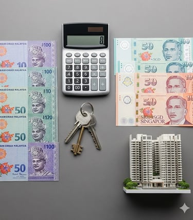 Malaysian Ringgit, Singapore Dollars, a calculator, house keys, and a property model, symbolizing cross-border investment