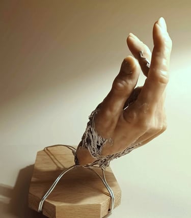A sculpture of a single hand, part wire, part flesh coloured clay, with wire supports