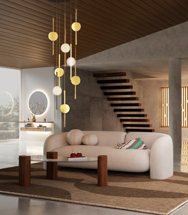 Rendu 3D d’un salon contemporain avec canapé beige, table basse en bois et suspension design dorée à sphères lumineuses.