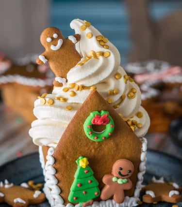 a gingerbread house with soft serve inside 
