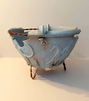 A fragmented, round bowl-like sculpture adorned with symbols and letters, finished in blue-grey hues