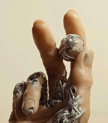 A sculpture of a single hand, part wire, part flesh coloured clay holding a small wire and clay ball