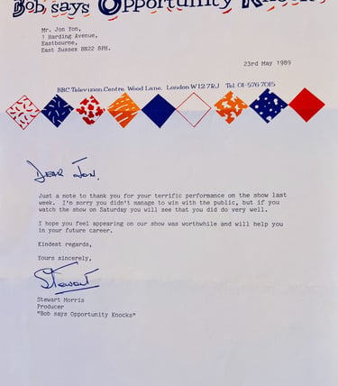 BBC letter congratulating Jon Yon on his 'terrific performance' on the UK's most popular TV Show.