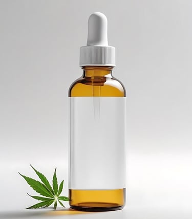 Amber glass dropper bottle with blank label and green cannabis leaf for CBD oil mockup.