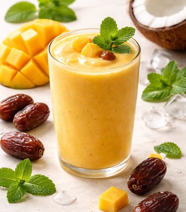 A refreshing mango and date smoothie in a glass with coconut, mint, and fresh fruit ingredients.