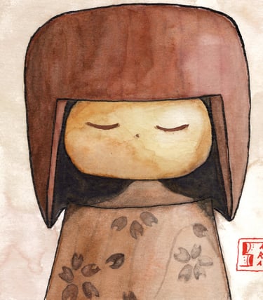 Watercolor illustration of a traditional Japanese kokeshi doll with a brown wooden texture and cherry blossoms.