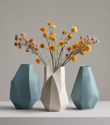 A sleek geometric vase with soft lighting highlighting its contours on a minimalist shelf.
