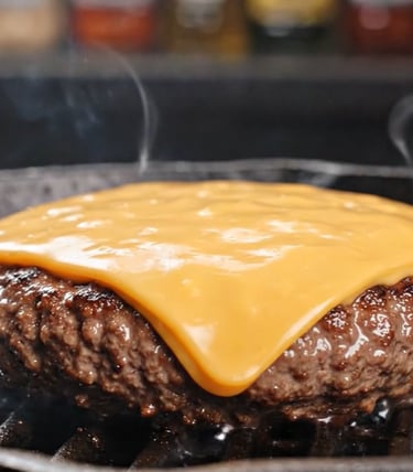 Jugosa hamburguesa a la plancha con queso cheddar fundido, cocinada en una plancha de hierro fundido