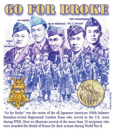 Cachet illustration of Go For Broke WW2 infantry men