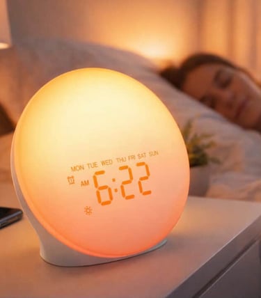 Sunrise alarm clock glowing on a bedside table while a woman sleeps in the background