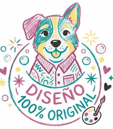 Ilustración de perro dibujada a mano con diseño 100% original, texto en español y materiales de arte