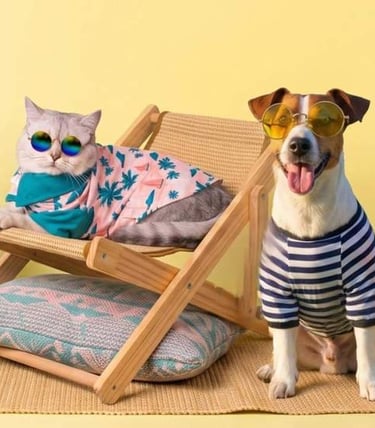 Gato y perro modelando ropa de diseño artesanal para mascotas con accesorios exclusivos de verano