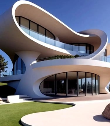 Villa de formas curvas en hormigón y vidrio con jardín