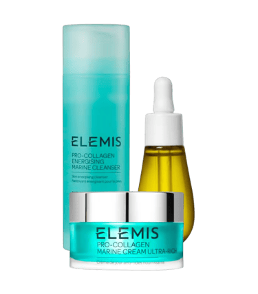 Elemis skincare products. Serum, face oil, Pro Collagen Marine cream