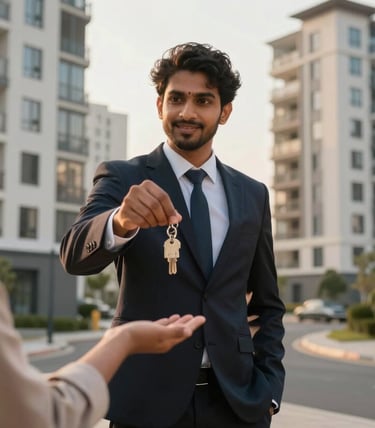 A professional property manager handing over keys to a client in front of a modern South Asian residential building complex. The lighting is golden hour, highlighting a sense of achievement and reliability.