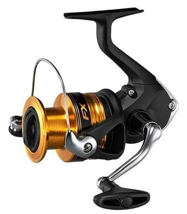 molinete shimano fx pesca leve preto com detalhes dourado. bom para pesca leve.