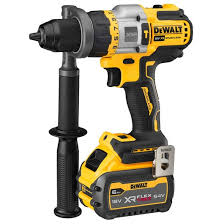 DeWalt 18V XR Brushless Hammer Drill with high-capacity battery pack and side handle for power tool safety.