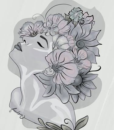 Black and white illustration of a woman with a flower arrangement as her hair, representing freedom