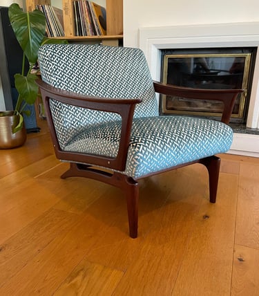 Renovation Fauteuil scandinave velours géométrique turquoise Romo