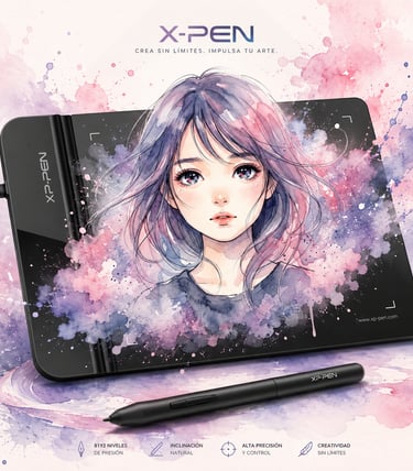 Tableta gráfica XP-Pen que muestra una ilustración digital de una chica anime en acuarela realizada 