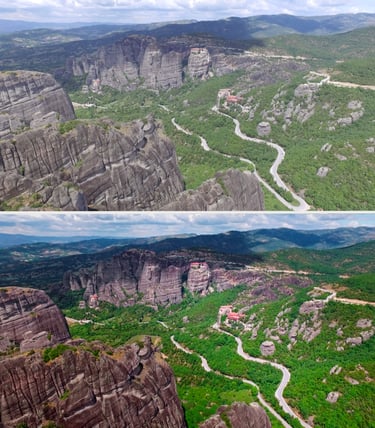 Aerial view of Meteora monasteries perched on rock formations in Greece.