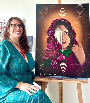 Picture of Silvia, the artist, showcasing her painting "Magdalene Codes 1"