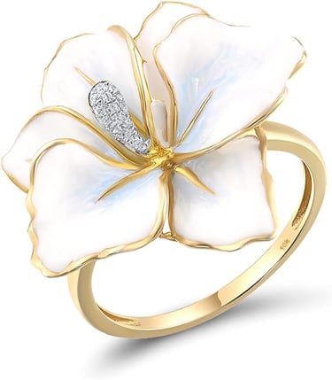 Prom Accessories Idea Santuzza 10K Yellow Solid Gold Enamel Flower Genuine Diamond Ring