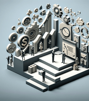 Stylized 3D business growth graphic with figures, charts, and gears on a gradient backdrop.