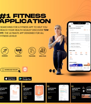 a woman in a black top and a yellow background with a yellow and black text using the t2w fit app