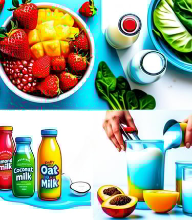 a collage of different fruit and non-dairy milks