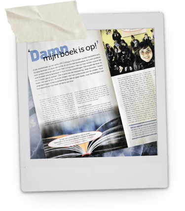 A polaroid-style photo of an open magazine article featuring a library and Dutch text about reading.