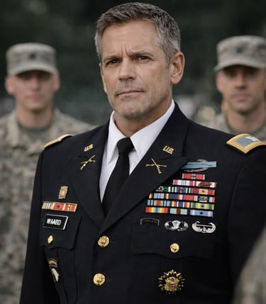 a man in uniform standing in front of a group of soldiers