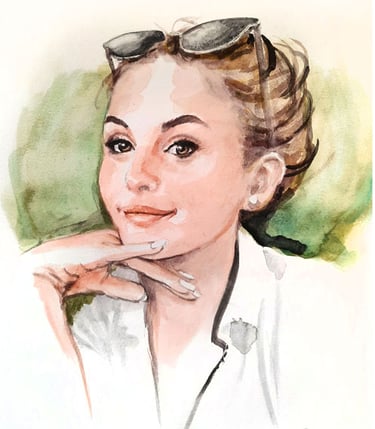 Aquarelle représentant une femme souriante portant des lunettes de soleil sur la tête et la main sur