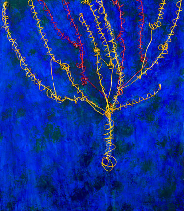Metal wire and acrylic on panel showing a stylized bas-relief of a tree