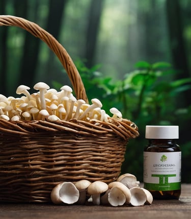 cesta de setas con hongos medicinales junto a a unos botes con capsulas de hongos