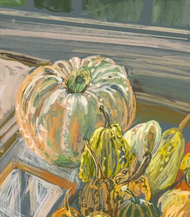 Pumpkins on the porch at Great Dixter - digital drawing