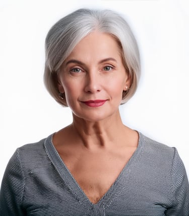 a woman with a gray hair and a gray top