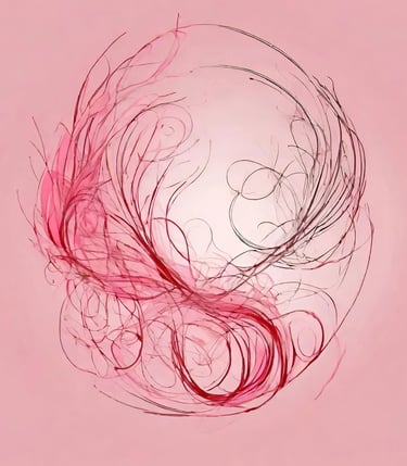 An abstract red line drawing which creates a pleasing form through swirls which looks like a wreath