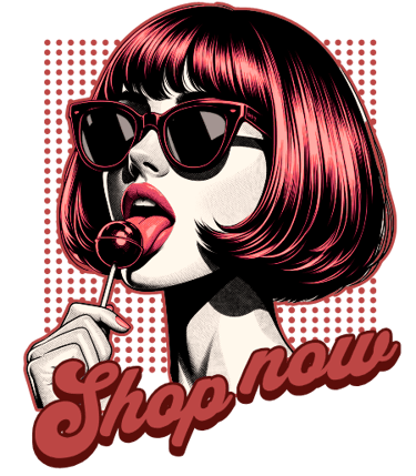 a woman with red hair and sunglasses on her lips