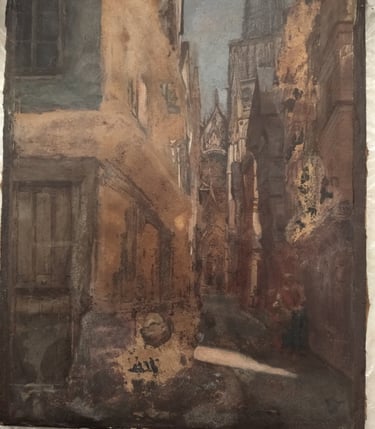 Tableau ancien en cours de restauration : grattage des couches de peinture altérées.