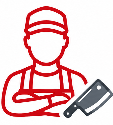 Icono en linea roja de un carnicero con delantal y gorro, sosteniendo un cuchillo de carnicero